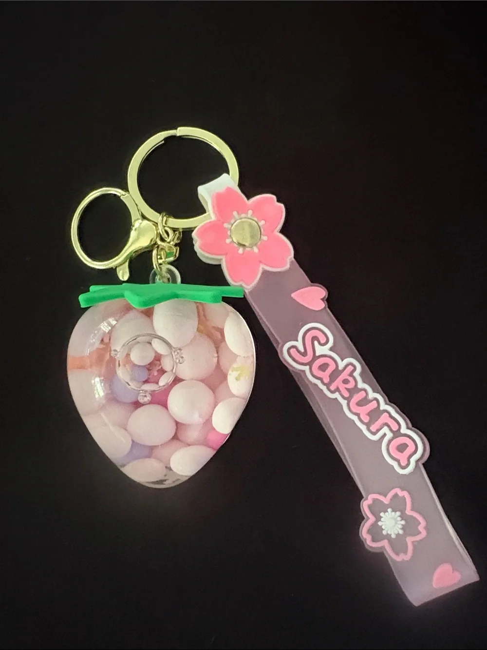 Pink & Green Strawberry Water Bead Glitter Filled Bag Charm Keychain